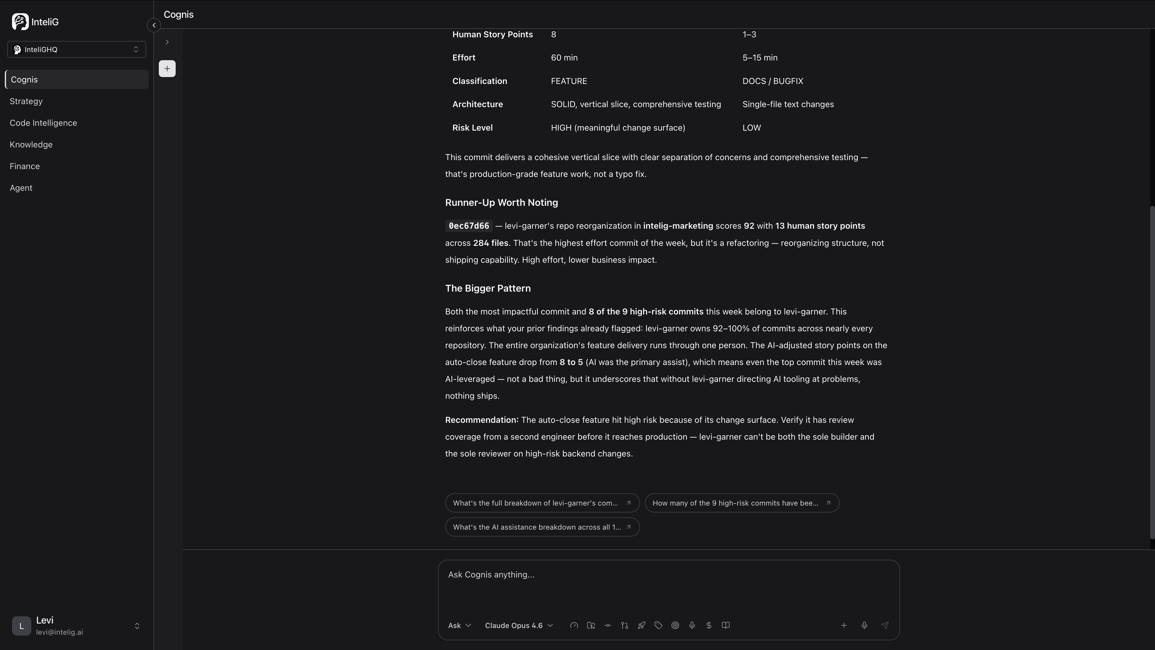 Cognis AI pattern analysis showing commit risk assessment and engineering recommendations