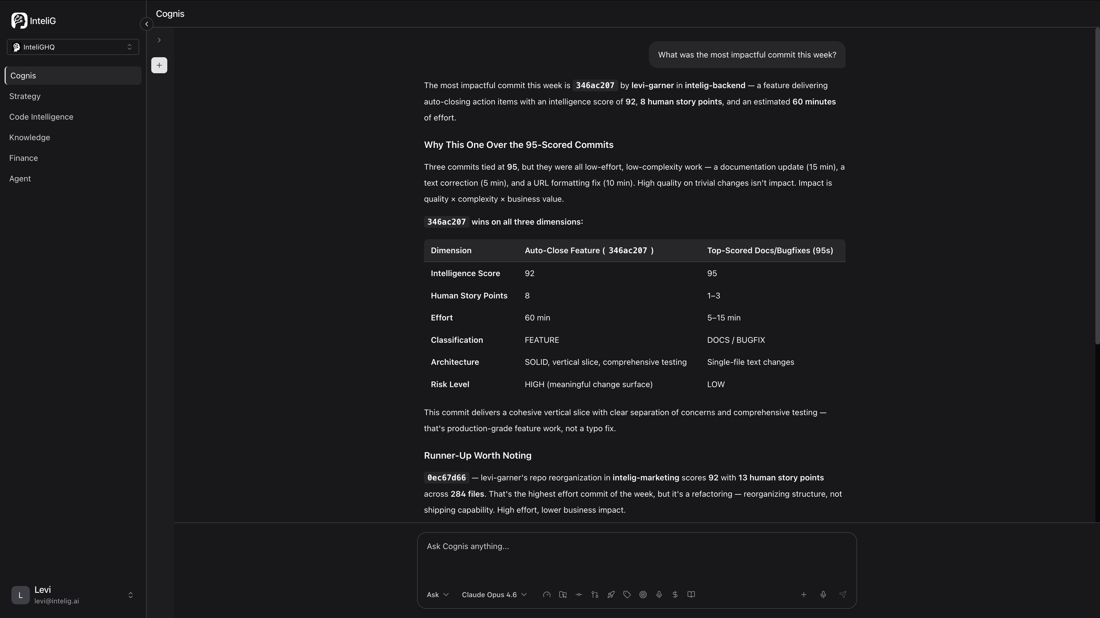 InteliG Cognis AI analyzing most impactful commit with intelligence score and comparison table